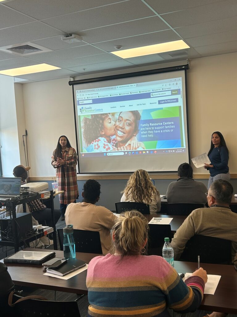 Holyoke FRC staff Lani Ortiz, program manager, and Dimarie Rodriguez, clinician, joined the Holyoke DCF office's staff meeting to share an overview about FRC programming and programming specific to their site.