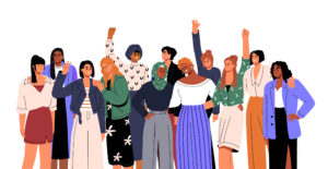 International womens day. Female group support feminists, different happy girls stay together. Equal community and modern multiethnic sisterhood. Flat isolated vector illustration on white background.