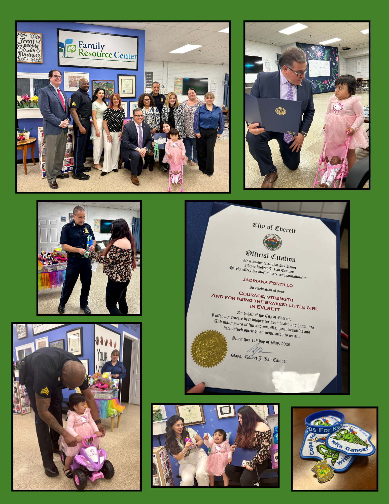 A collage of photos from an event at the Everett Family Resource Center. Images show a group of staff, police officers, and community members gathered with a young girl in a pink tutu dress, a police officer presenting gifts to the family, the young girl riding a toy ATV, an Official City Citation from the Mayor, and a Cops for Kids with Cancer patch and pin.