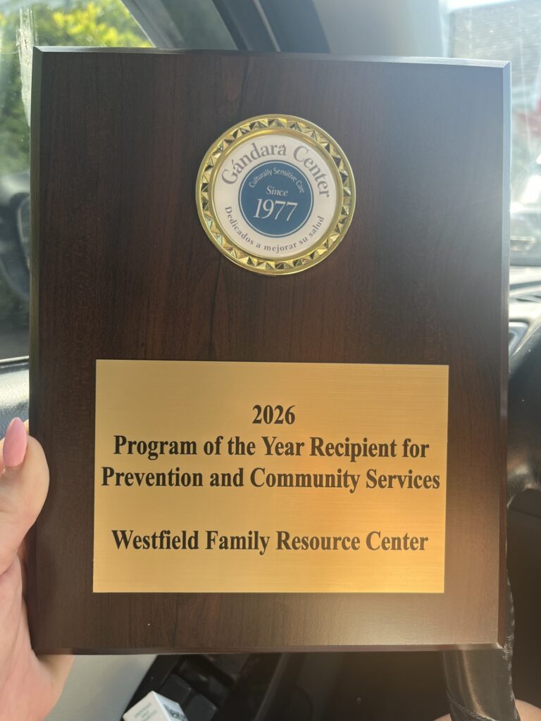 Close-up of the 2026 Program of the Year award plaque from the Gándara Center, recognizing the Westfield Family Resource Center as the recipient for Prevention and Community Services.