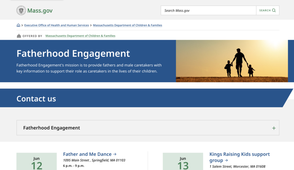 Screenshot of Fatherhood Engagement webpage on mass.gov
