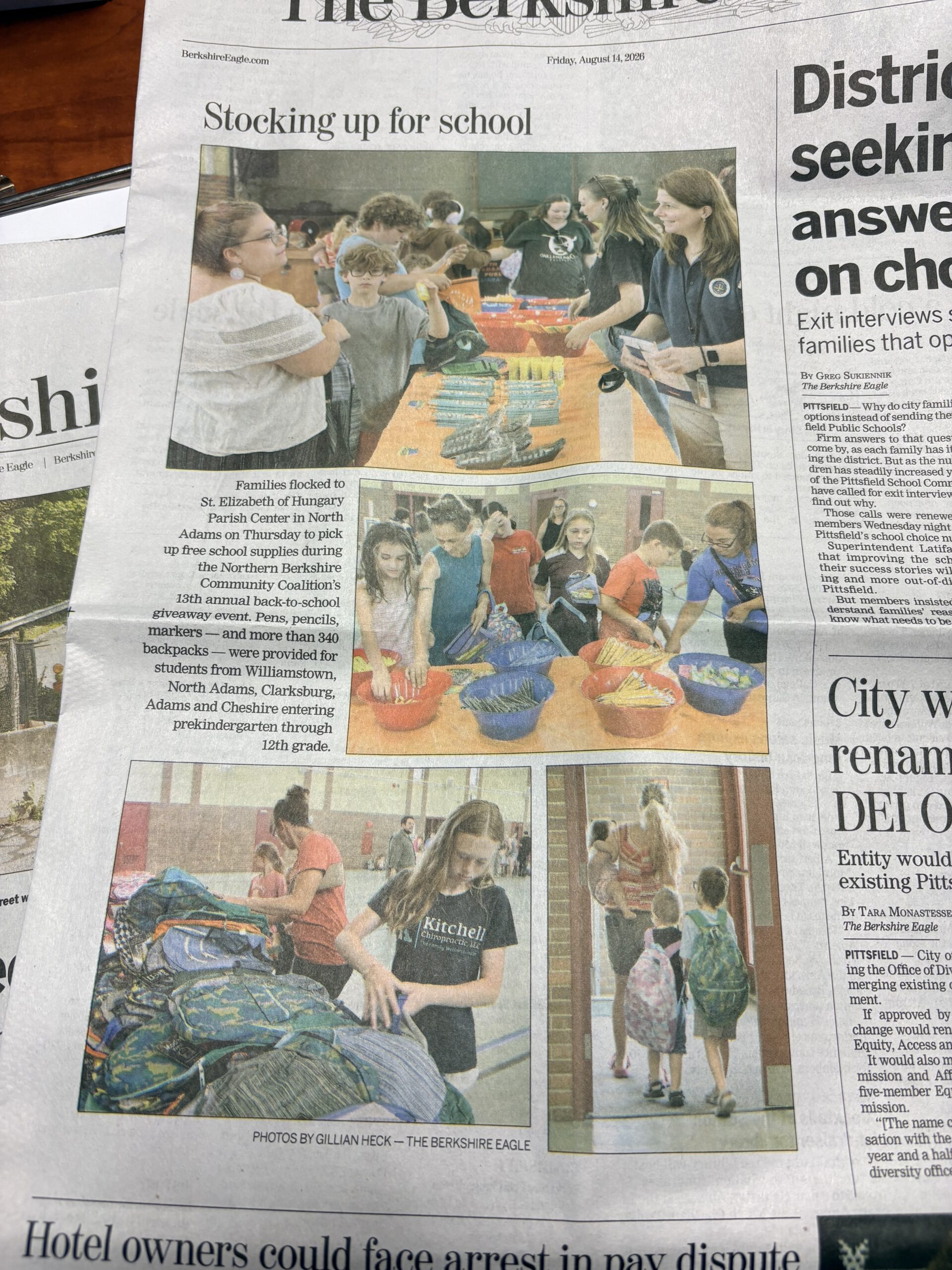 North Adams FRC backpack drive on the front page of the paper